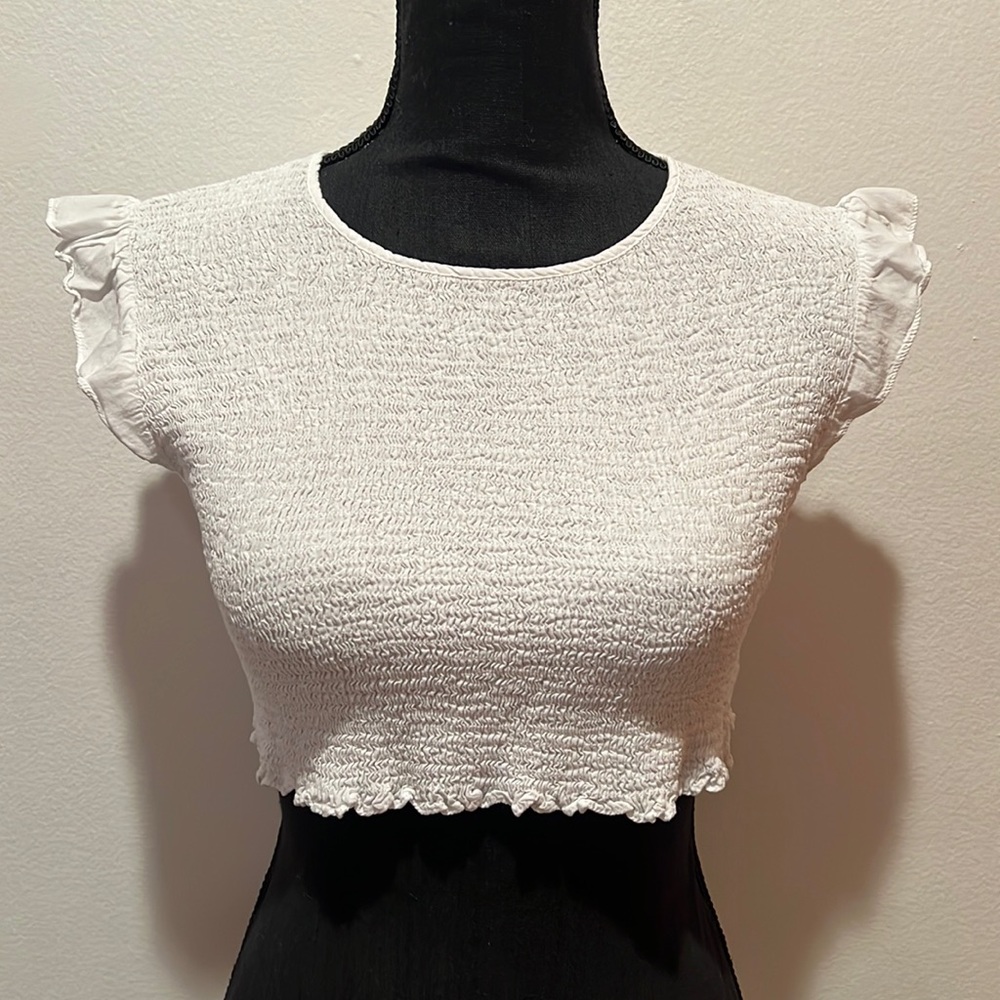 She + Sky White Ruched Crop Top